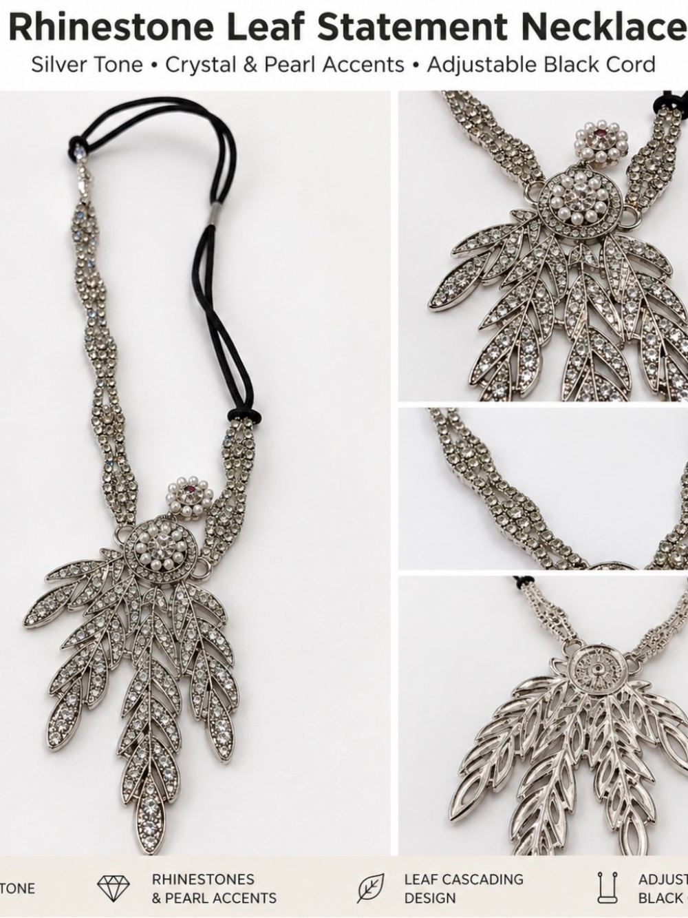 Silver Rhinestone Leaf Statement Necklace Pearl Crystal Black Cord
